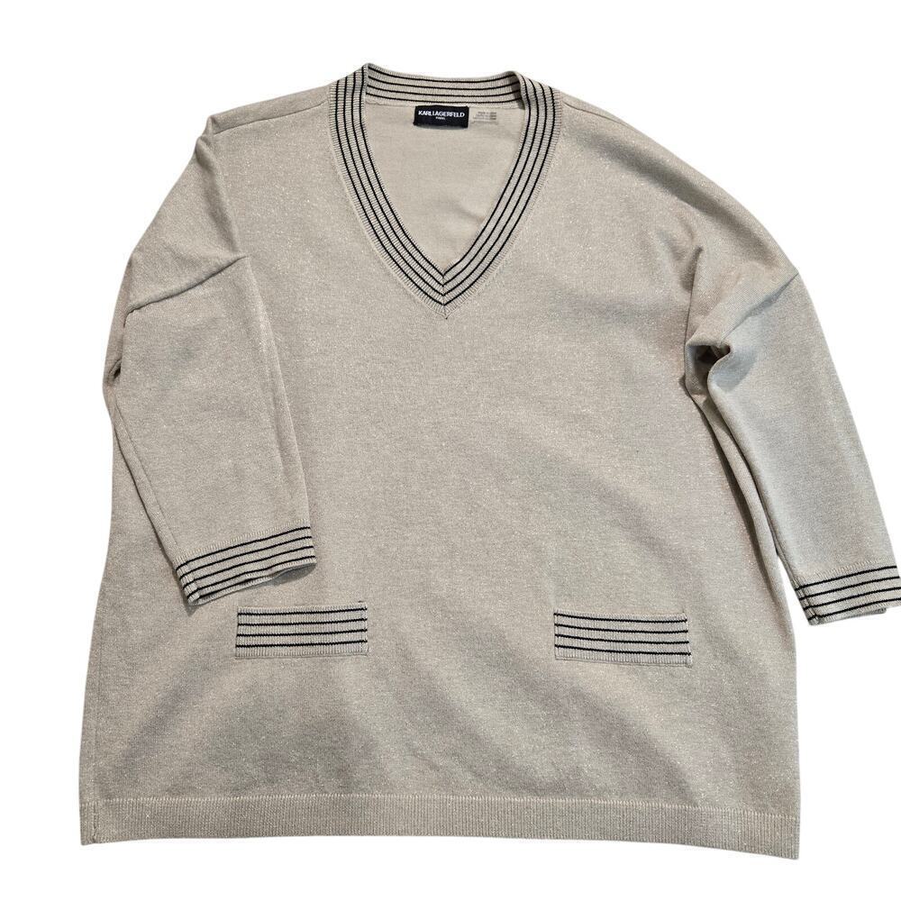 Karl Lagerfeld Paris 3/4 Sleeve V-neck Sparkly Sweater Size M Preppy Old Money